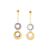14K Two Tone Long Dangle Double Circle Earrings